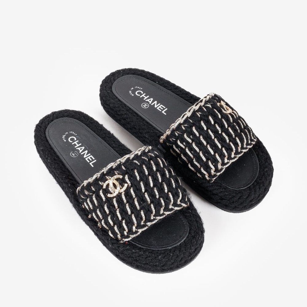 Chanel 2022 CC Black Knit Slide Sandals